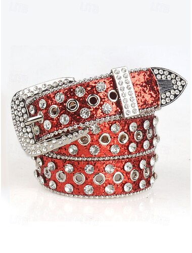  cinto feminino com glitter natalino – couro sintético com tachas de cristal e fivela prateada, design festivo vermelho perfeito para roupas de Natal