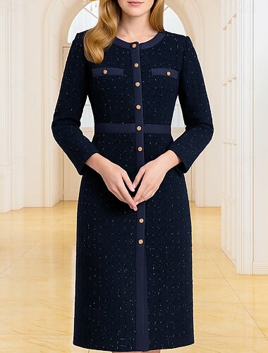  Linjeform Knelengde Festkjole Cocktail Kjole Langermet Crew-hals Elegant Årgang Formell Polyester Kjole til brudens mor med Knapper