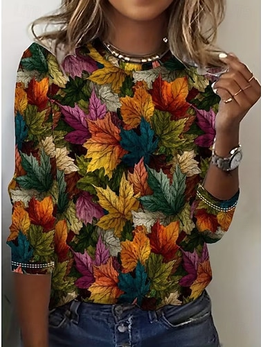  חולצת טי לנשים גרפית פרחים צמחים וינטאג' אופנהStylish ארוך שרוולים צוואר עגול טופים רגולים יומיים סופי שבוע הדפס חום אביב סתיו חורף