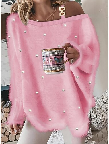 نسائي بلوزة لون الصلبة أنيق كاجوال كم طويل دون الكتف قمصان عادية مناسب للبس اليومي بقع مطرز أبيض وردي بلاشيهغ الربيع الخريف الشتاء   نسائي بلوزة لون الصلبة أنيق كاجوال كم طويل دون الكتف قمصان عادية مناسب للبس اليومي بقع مطرز أبيض وردي بلاشيهغ الربيع الخريف الشتاء