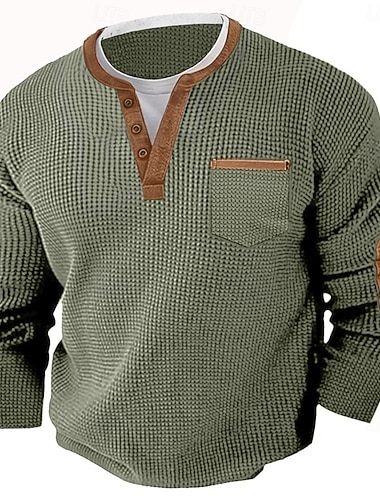  Herren Waffel-T-Shirt Waffel-Henley-Hemd Langarm Henley Herbst Frühling & Herbst Einfarbig Mode Basic Henley Falscher Zweiteiler Urlaub Heim Büro Schwarz Grau Marineblau Top T-Shirt für Herren