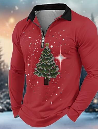  Natale Per uomo Albero di Natale Polo Manica Lunga Collo ripiegato Moderno Casual Sport & Outdoor Casual Quotidiano Festival Cerniera Stampa 3D Primavera Autunno Inverno Nero Rosso Verde