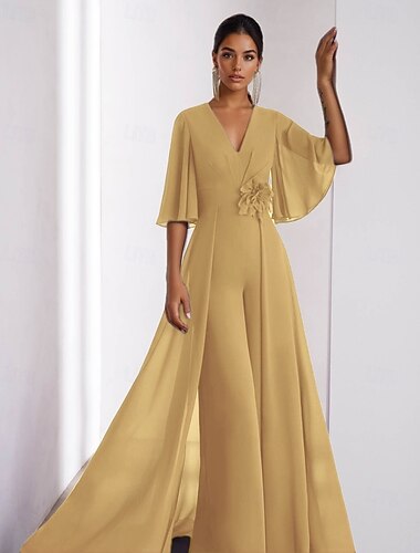  Housupuku Kokopitkä Iltapuku Tanssiaispuku hameen päällä Muodollinen mekko Tyylikäs Vintage Lyhythihainen V kaula-aukko Muodollinen Sifonki kanssa Rypytetty Röyhelöity 2025