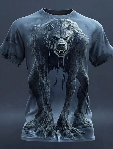  Herren Optische Täuschung 3D Werwolf T Shirt Kurzarm T-Shirt 3D-Druck Rundhalsausschnitt Hemd Übertrieben Designer Horror Party Straße Ferien Blau Schwarz Rote Sommer Frühling Ganzjahres Bekleidung S
