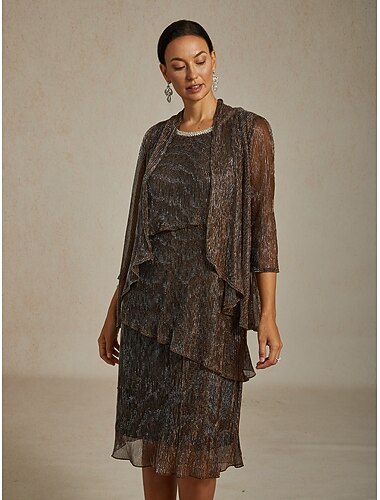  Per donna Top da sera Pieghettato Stratificato Metallico Tinta unica Elegante Romantico Matrimonio Manica 3/4 Festa serale Ospite di nozze Abbigliamento formale Marrone Estate Primavera Autunno