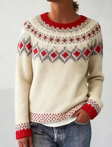  Dámské Vánoční svetr Fair Isle svetr Svetr Rolák Módní Šik ven Na běžné nošení Květinový Geometrický Tričkový Pletený Tisk Dlouhý rukáv Běžné topy Plést Denní Dovolená Jdeme ven Bílá Světlá růžová