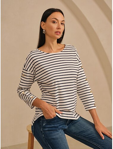  γυναικείο μπλουζάκι από καθαρό βαμβάκι, ριγέ ύφασμα, χαλαρή σιλουέτα με ριχτούς ώμους, σχέδιο 3/4 μανίκι, μεταλλικό κουμπί, διακόσμηση, casual, διακοπές