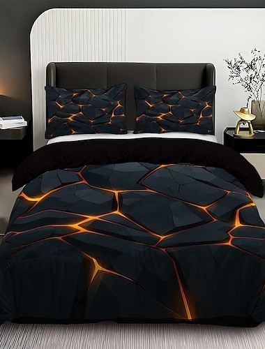  3-teiliges Daunenbettbezug-Set mit gelbem, fluoreszierendem Steindruck für Queensize-Betten, weicher, kurzer Plüsch-Bettbezug mit 2 Kissenbezügen – gemütliche Bettwäsche für Hotelzimmer & komfortabel