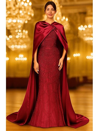  Schlauchkleid Bodenlang Perlenbestickt Abendkleid Kleid der Brautmutter Ballkleid mit Cape Abendkleid Festliche Kleidung Elegant Vintage Glitzernd Ärmellos Rundhalsausschnitt Hochzeit Formell
