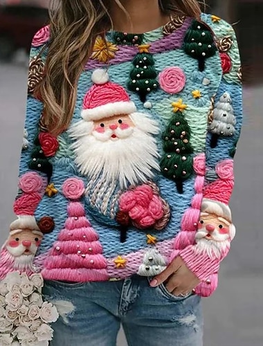  Naisten Pullover Kuvitettu Joulupukki Vapaa-aika Pitkähihainen Tiukka pyöreä kaula-aukko Tavalliset topit Kausaliteetti Pyhäpäivä Painettu Sininen Punastuvan vaaleanpunainen Rubiini Syksy Talvi