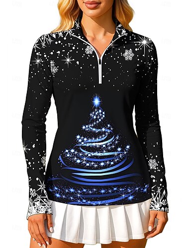  Noël Femmes Sweat-shirt polo Hauts Chemise T-shirt de sport manche longue Imprimé Quart de zip Sweat UPF50+ Résistant aux UV Protection UV Élastique Respirant Volley-ball Tennis Le golf Col montant