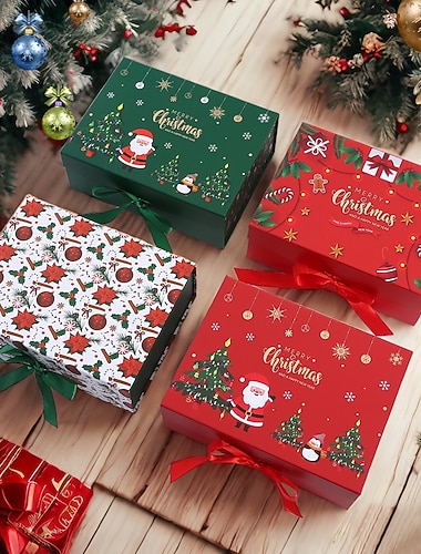  Weihnachtsgeschenkboxen mit Deckel, Geschenkboxen und Band, weihnachtliches Muster, kleine Geschenkboxen für Weihnachtsgeschenke, Geschenke, einfach zusammenzubauen