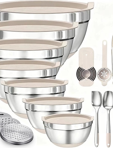  23-osainen ruostumattomasta teräksestä valmistettu munakulho, paksunnettu kannella, liukumaton silikonipohjainen salaattikulho, leivontavälineet, sekoituskulho ja allas