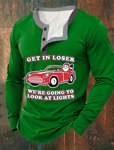  Муж. Новогодняя тематика Автомобиль Дед Мороз Рубашка Хенли Длинный рукав Мода Симпатичные Стиль Повседневные Повседневные Праздники На выход Зима Весна & осень Черный Синий Зеленый Красный Хенли