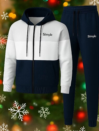  Natale Per uomo Tuta da 2 pezzi Felpa con cappuccio Lounge Felpa con zip intera Cerniera completa con tasca Blocco di colori Completo Abbigliamento Primavera Nero Viaggio Corsa Traspirante Manica