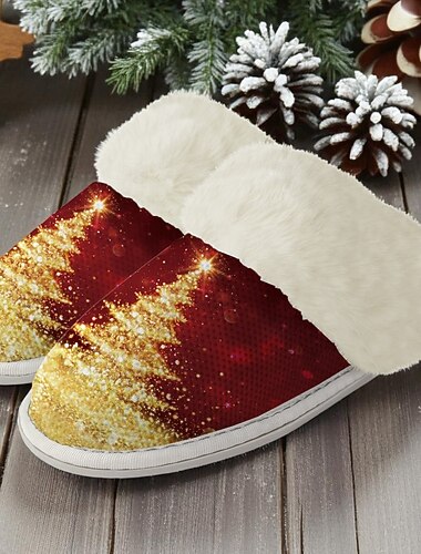  Γυναικείες παντόφλες με χρυσή χριστουγεννιάτικη διακόσμηση - κομψό σχέδιο με χρυσό δέντρο, απαλή γούνινη επένδυση για άνεση, ιδανικές για χαλάρωση στις διακοπές, χριστουγεννιάτικο πρωινό και χειμερινά δώρα