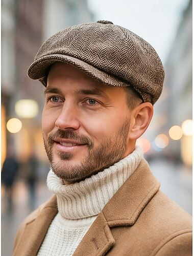  Ανδρικό χριστουγεννιάτικο καπέλο ψαροκόκαλο σε σχήμα newsboy, vintage φλατ καπέλο από μείγμα μαλλιού με κλασικό σχέδιο 8 τμημάτων, πολύχρωμο καπέλο σε στιλ Gatsby για χειμερινή, εορταστική και casual ένδυση