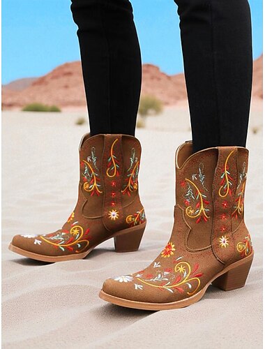  Women's Red Embroidered Western Cowboy Mid-Calf Boots with Block Heel, Stylish Vintage Rodeo Cowgirl Booties for Festivals, Parties & Country Concerts