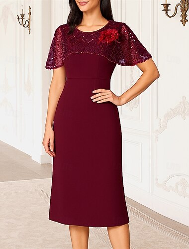  Linjeform Te-lengde Festkjole Cocktail Kjole Kortermet Crew-hals Elegant Formell Sateng Kjole til brudens mor med Perlearbeid