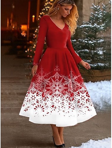  クリスマス レディース 雪の結晶 ミディドレス Aラインドレス バケーション カジュアル パーティー ホリデー レギュラーフィット グラフィック 長袖 Vネック ブラック レッド パープル グリーン 春 秋 冬
