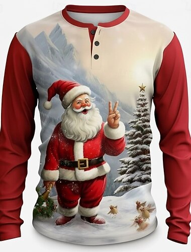  Pánské Vánoce Ježíšek Tričko Henley Dlouhý rukáv Módní Roztomilý Denní Ležérní Dovolená Jdeme ven Zima Jaro & podzim Jezerní modrá Hnědá Tmavomodrá Červená Fialová Henley Tričko Henley