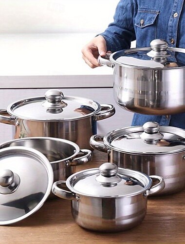  Conjunto de panelas de aço inoxidável - panela de cozinha durável com tampa, parede interna polida, cabo rebitado e puxador resistente ao calor.