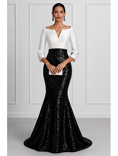 Русалка Вечернее платье Элегантный стиль Торжественное платье Официальные Свадьба В пол Длинный рукав V-образный вырез Сатин с Блеск 2025   Русалка Вечернее платье Элегантный стиль Торжественное платье Официальные Свадьба В пол Длинный рукав V-образный вырез Сатин с Блеск 2025