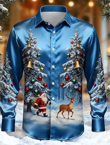  عيد الميلاد المجيد رجالي بابا نويل شجرة الكريسماس الرنة قميص قميص الساتان قميص رسمي كم طويل عارضة الازياء الأماكن المفتوحة مناسب للحفلات مناسب للعطلات الربيع الخريف طوي