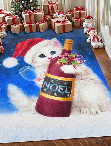  Weihnachtsbereich Teppich für Wohnzimmer und Schlafzimmer Faux Kaschmir Weiße Katze im Weihnachtsmannhut mit Flasche haltender Teppich Festliche Feiertagskunst Teppich Weich Rutschfest
