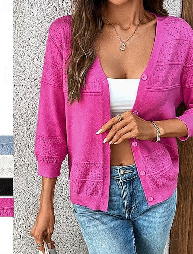  Dame Ensfarget Strikket cardigan Høst vinter Langermet treningsklær V-hals Utendørs Ferie Svart Hvit Blå Sports Sportsklær