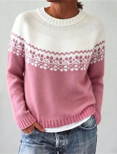  Dámské Vánoční svetr Fair Isle svetr Svetr Svetr Fair Isle Šik ven Na běžné nošení Květinový Tričkový Pletený Tisk Dlouhý rukáv Běžné topy Plést Denní Dovolená Jdeme ven Černá Světlá růžová Podzim