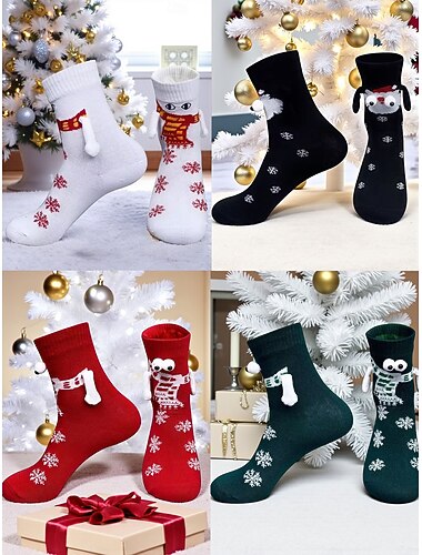  Jule-ankelsokker til dame, 4 par snøfnugg &Reinsdyr vintersokker med pomponer, koselige strikkede høytidssokker til gaver, hjem &julebord
