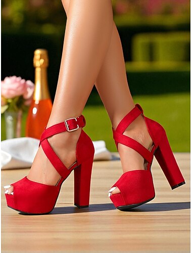 sandálias femininas plataforma de camurça vermelha - peep toe tira cruzada salto alto bloco para festa noturna &roupas de balada