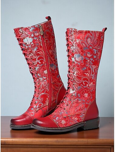 Botas femininas vintage bordadas vermelhas, de cano alto, com cadarço e salto grosso, da década de 1950 – botas de couro com estampa floral para uso casual e estilo western