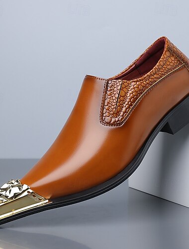  Bruine instapschoenen van imitatieleer voor heren met metalen neus, elegante feest- en zakelijke formele schoenen
