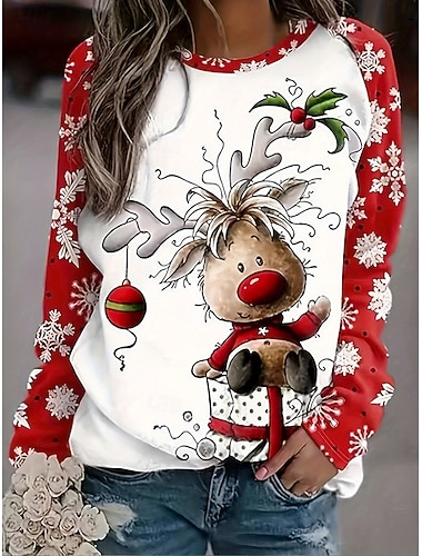  Рождество Женщины Олень Туника Графический Милый Стильный Повседневное Длинный Рукав Круглый Вырез Обычные Топы Повседневные Выходные Милые Наряды Печать Красный Осень Зима