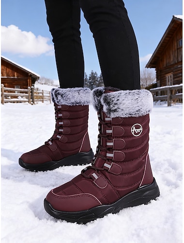 Women's Burgundy Mid-Calf Winter Snow Boots with Faux Fur Trim, Waterproof Insulated Outdoor Boots for Hiking, Skiing & Cold Weather   Women's Burgundy Mid-Calf Winter Snow Boots with Faux Fur Trim, Waterproof Insulated Outdoor Boots for Hiking, Skiing & Cold Weather