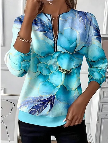  Per donna Felpa Pullover Felpe con cerniera Floreale Grafico Geometrico Moda Casual Manica Lunga Girocollo Top Regolari Streetwear Abbigliamento Quotidiano Casuale Patchwork Cerniera Stampato Blu