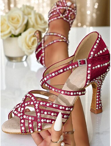  Damskor med vinröda strass- och latinska klackar, glamorösa gatsby-festskor &professionella ballroomskor för föreställningar och tävlingar