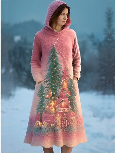  שמלת מידי נשים עם שלג ועץ חג המולד שמלת A Line קזואלית יומי רגילה גרפית עם שרוולים ארוכים עם כובע שחור ורוד כחול סתיו חורף