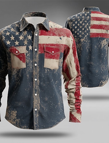 Férfi Amerikai amerikai zászló Hazafias Ing Nyugati ing Hosszú ujj Vintage Retro Hétköznapi Szabadság Tavasz Ősz Térfogatcsökkenés Elöl két zseb Vászonszerű ing Gombolható ingek Medence   Férfi Amerikai amerikai zászló Hazafias Ing Nyugati ing Hosszú ujj Vintage Retro Hétköznapi Szabadság Tavasz Ősz Térfogatcsökkenés Elöl két zseb Vászonszerű ing Gombolható ingek Medence