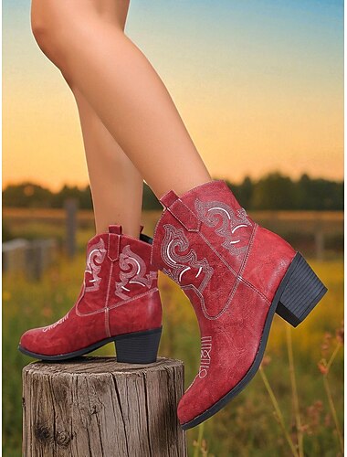  Women's Red Faux Leather Western Cowboy Ankle Boots with Embroidered Stitching, Chunky Low Heel Rodeo Booties for Casual Outfits & Country Concerts