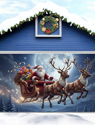  Świąteczna osłona na drzwi garażowe, Święty Mikołaj z reniferem w świetle księżyca, duże wiszące tło, świąteczny baner ścienny na zewnątrz, dekoracja na podwórko, dom, świąteczna, sezonowa, świąteczna