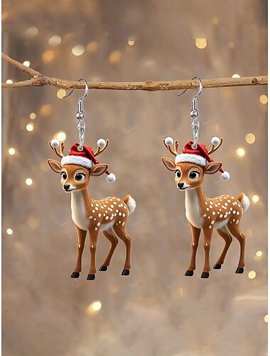  Julegave akryl reinsdyrøreringer til dame, søtt juledesign med nisselue, morsomt festlig tilbehør til fester og sammenkomster