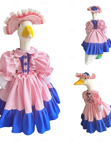  Roupa vintage rosa e azul para ganso de jardim com touca, vestido de ganso estilo vitoriano com babados para gansos de concreto de 60-63 cm, decoração sazonal para jardim externo, ganso não incluído.