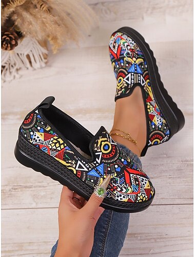  farverige slip-on sko med geometrisk print til kvinder, åndbare, lette afslappet sko til kunstnerisk gadestil, daglig brug og rejser
