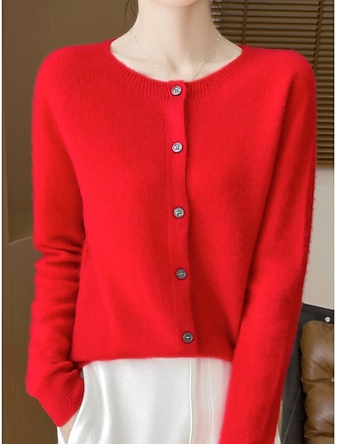  Női Pulóver Kardigán Alkalmi Puha Tiszta szín Bordázott Terített nyak Gombok Kötött Hosszú ujj Normál felsők Kötött Szabadtéri Napi Hétvége Fehér Rubin Ősz Tél