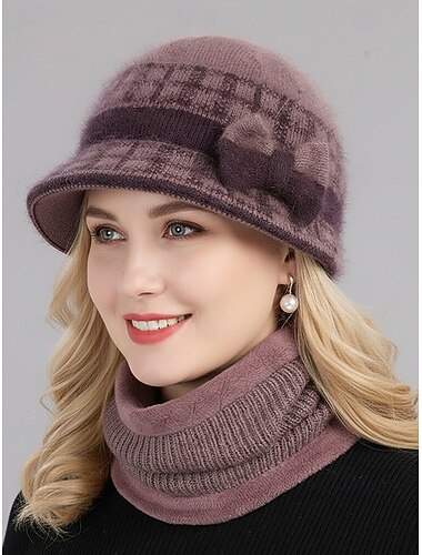  Julesett med akryllut og halsmansjett til dame – koselig ribbet design med sløyfedetaljer, tilgjengelig i flere farger, perfekt for vinterferier og festlige anledninger