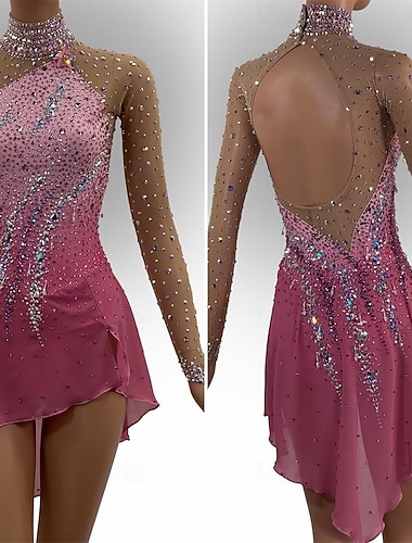  Šaty na bruslení Dámské Dívčí Buz Pateni Šaty Růžová Slátanina Otevřít Zpět Spandex Síťka Vysoká pružnost Trénink Profesionální Soutěž Bruslařské oblečení Klasický Křišťál a napodobenina Dlouhý rukáv