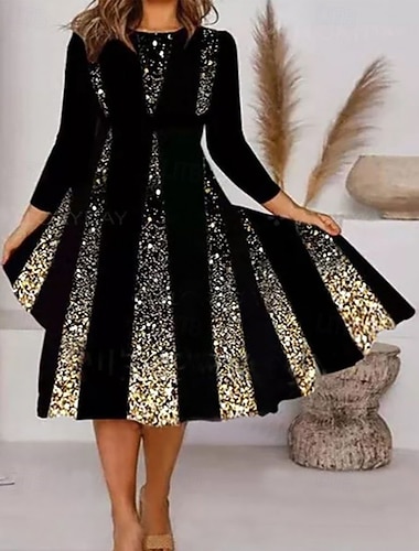  Жен. Платье средней длины Платье с принтом Мода Современное Офис Повседневные Праздники Стандартный Графика Длинный рукав Вырез под горло Румяно-розовый Белый Золотой Весна Осень Зима